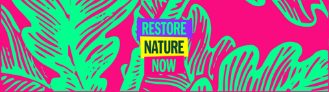 Neon green leaves on a pink background with 'Restore Nature Now' written over it