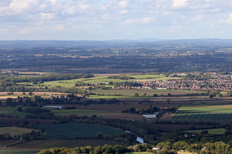 Worcestershire landscape seen from Bredon Hill - fields, hedges, trees, towns by Wendy Carter