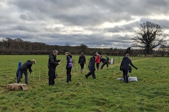 A group of Scouts planting trees in a line to recreate a hedge in a green field with a woodland in the background by James McDonald