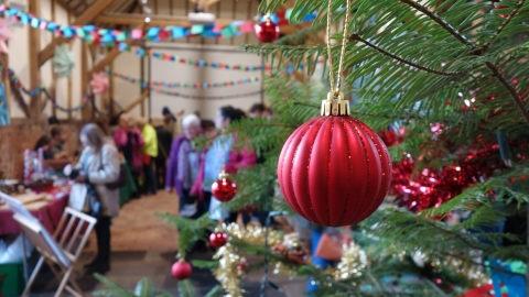 Craft fair at Lower Smite Farm with bauble hanging on Christmas tree