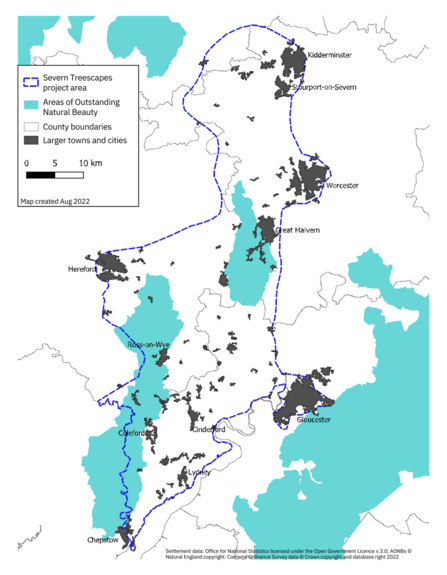 Map detailing the area of land within the Severn Treescapes project