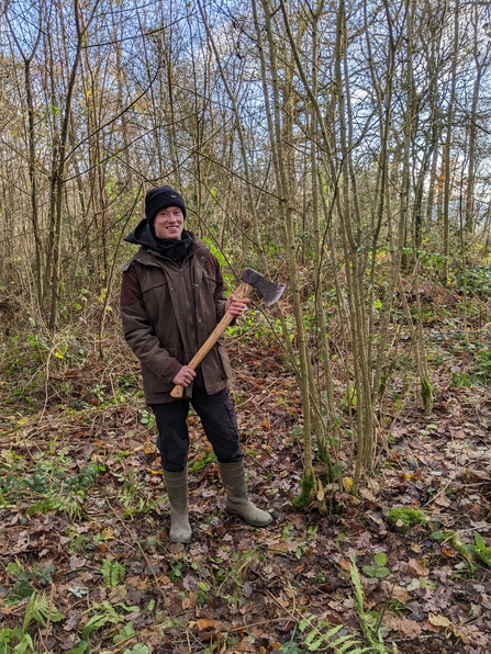 Charlie with a woodsman's axe