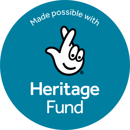 The National Lottery Heritage Fund logo - teal coloured background with a fingers crossed logo and the words Made possible with Heritage Fund