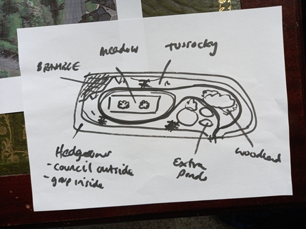 Sketched out plan of wild space and ideas from community - hedgerows, new ponds, tussocky grass areas etc