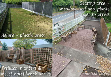 3 photos showing the garden around the signal box in different stages - first with plastic grass then with trellises, planters and an insect hotel bench. Finally, the seating area before turf is laid and plants are planted.