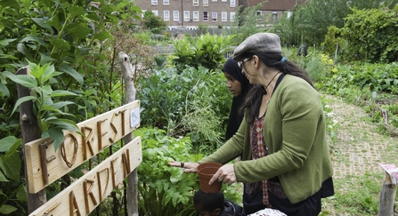 Two people standing in front of a 'forest garden' sign looking into the vegetation; housing is the background