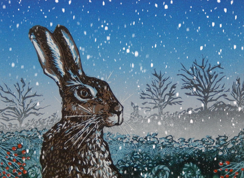 Illustration of brown hare in a landscape with falling snow